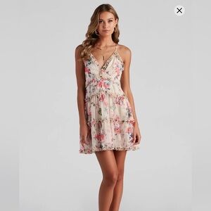 Windsor Floral Chiffon Skater Dress Size Small Ruffled V Neck Open Back
